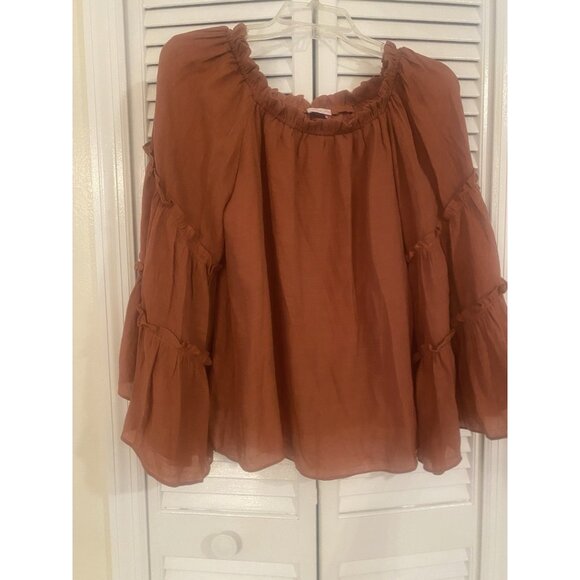 Pink Lily Peasant Womens Blouse Brown Sz Large Festival Cottagecore Boho Flowy - Picture 1 of 8